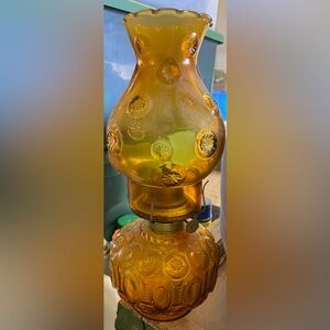 Vintage L E Smith Moon & Stars Amber Glass Oil Lamp